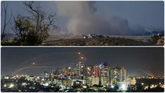 Foto kombinasi memperlihatkan sistem pertahanan udara Iron Dome mencegat roket yang ditembakkan dari Jalur Gaza (atas), sementara asap mengepul menyusul serangan udara Israel di Jalur Gaza (bawah). (AP Photo/Tsafrir Abayov/Ariel Schalit)
