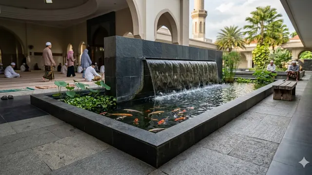 Kolam Ikan dengan Air Mengalir di Teras Masjid (Foto: Gemini AI)