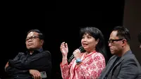 Tiga pembicara dalam diskusi Hak Cipta dan Filosofi AI yang digelar oleh Dewan Kesenian Jakarta, Jakarta Poetry Slam, dan Kongsi 8, Jumat 7 Maret 2025 lalu di Taman Ismail Marzuki. Ki-ka: Dosen Fakultas Ilmu Komputer Universitas Indonesia, Riri Satria; Penulis sekaligus dosen filsafat di Universitas Indonesia, Saras Dewi; Pengacara Hak Cipta Dimaz Prayudha. (Foto: Istimewa)