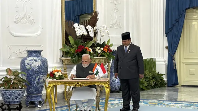 Presiden Prabowo Subianto saat menerima kunjungan kenegaraan Perdana Menteri (PM) Narendra Modi di Istana Merdeka Jakarta, Selasa (7/7/2026). (Liputan6.com/Lizsa Egeham)
