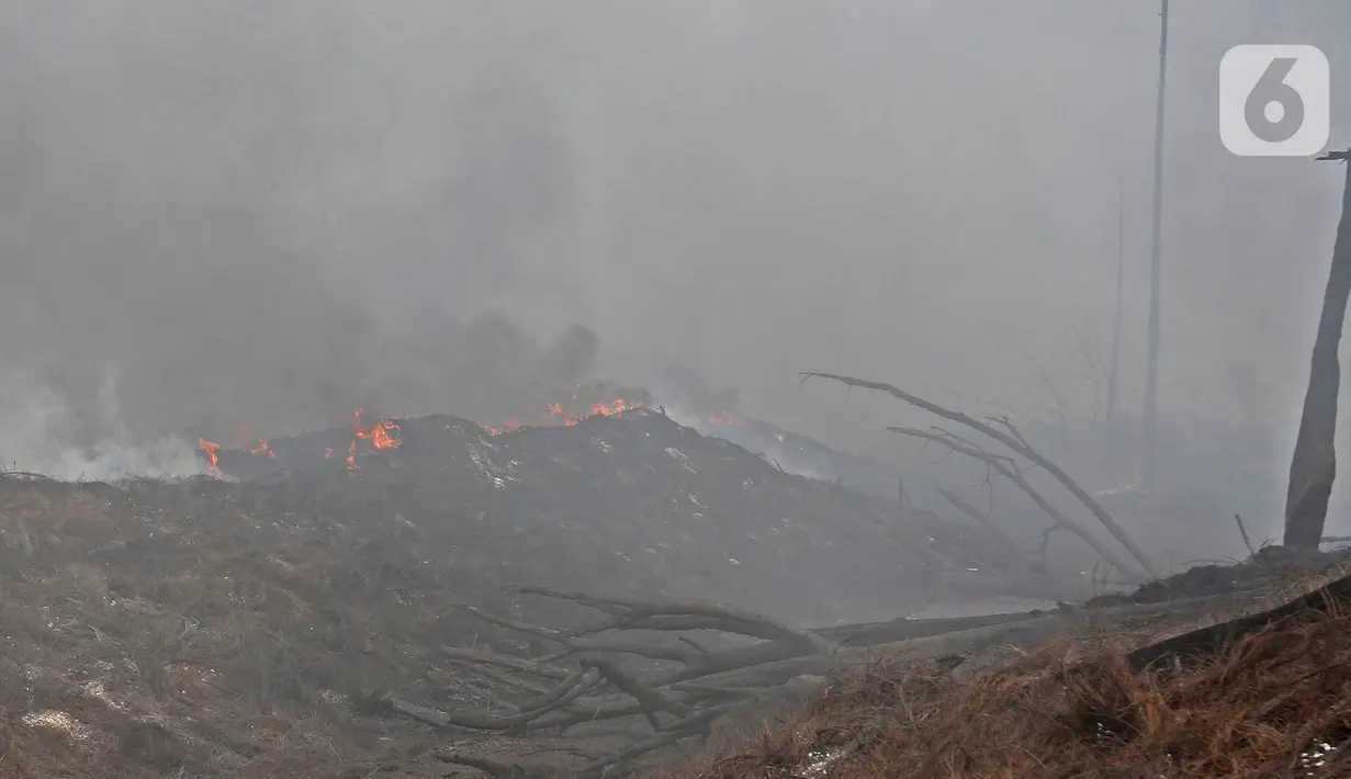 Api masih terlihat di lokasi kebakaran lapak ban bekas, Desa Bojong Nangka, Gunung Putri, Kabupaten Bogor, Jawa Barat, Kamis (22/4/2021). Kebakaran lapak ban bekas yang terjadi Senin (19/4) petang tersebut hingga saat ini belum bisa dipadamkan. (Liputan6.com/Herman Zakharia)