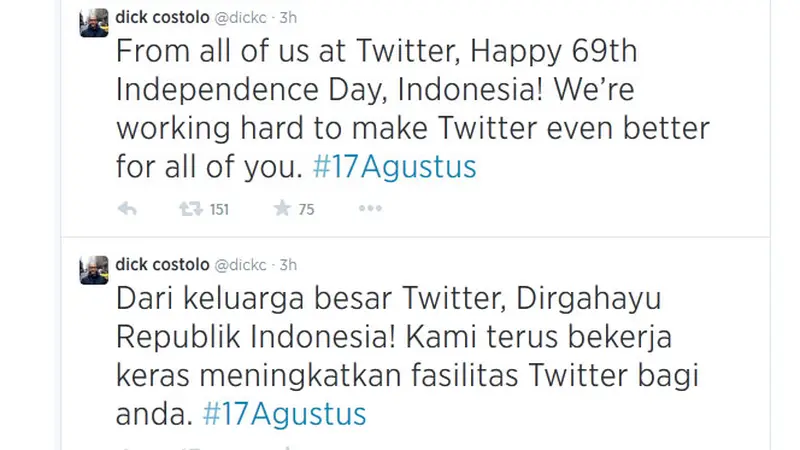 Bos Twitter Ucapkan HUT RI ke-69 Pakai Bahasa Indonesia
