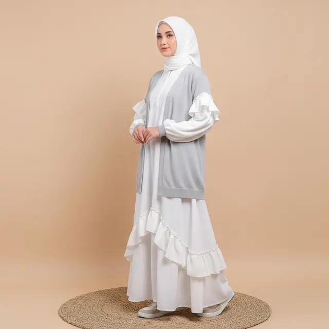 Gamis Cardigan dengan Detail Ruffle Lembut