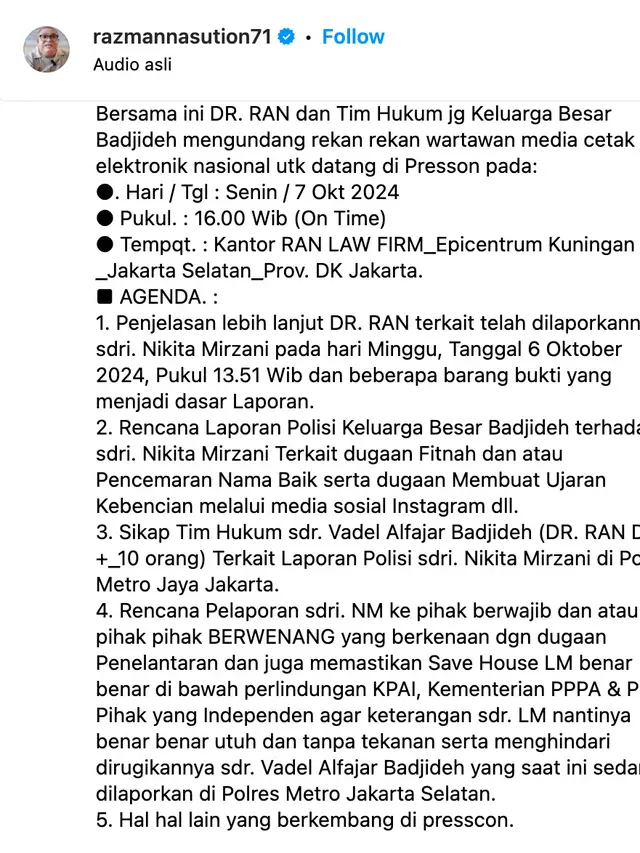 Unggahan kuasa hukum Vadel Badjideh, Razman Arif Nasution. (Foto: Dok. Instagram @razmannasution71)