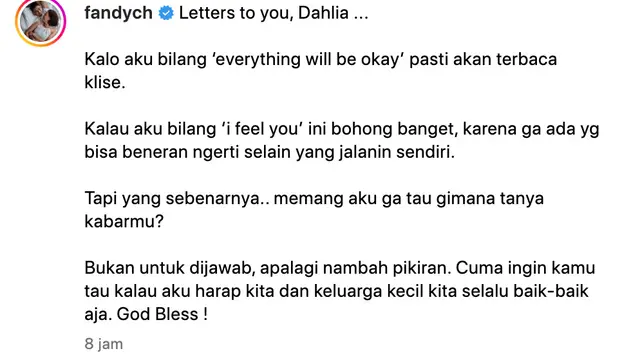 Surat terbuka Fandy Christian untuk sang istri, Dahlia Poland. (Foto: Dok. Instagram @fandych)