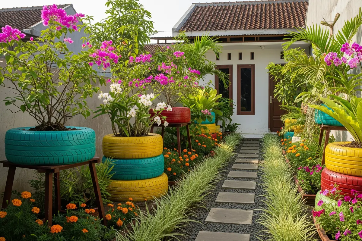 Desain Kebun Rumah Unik dari Ban Bekas untuk Halaman Kecil