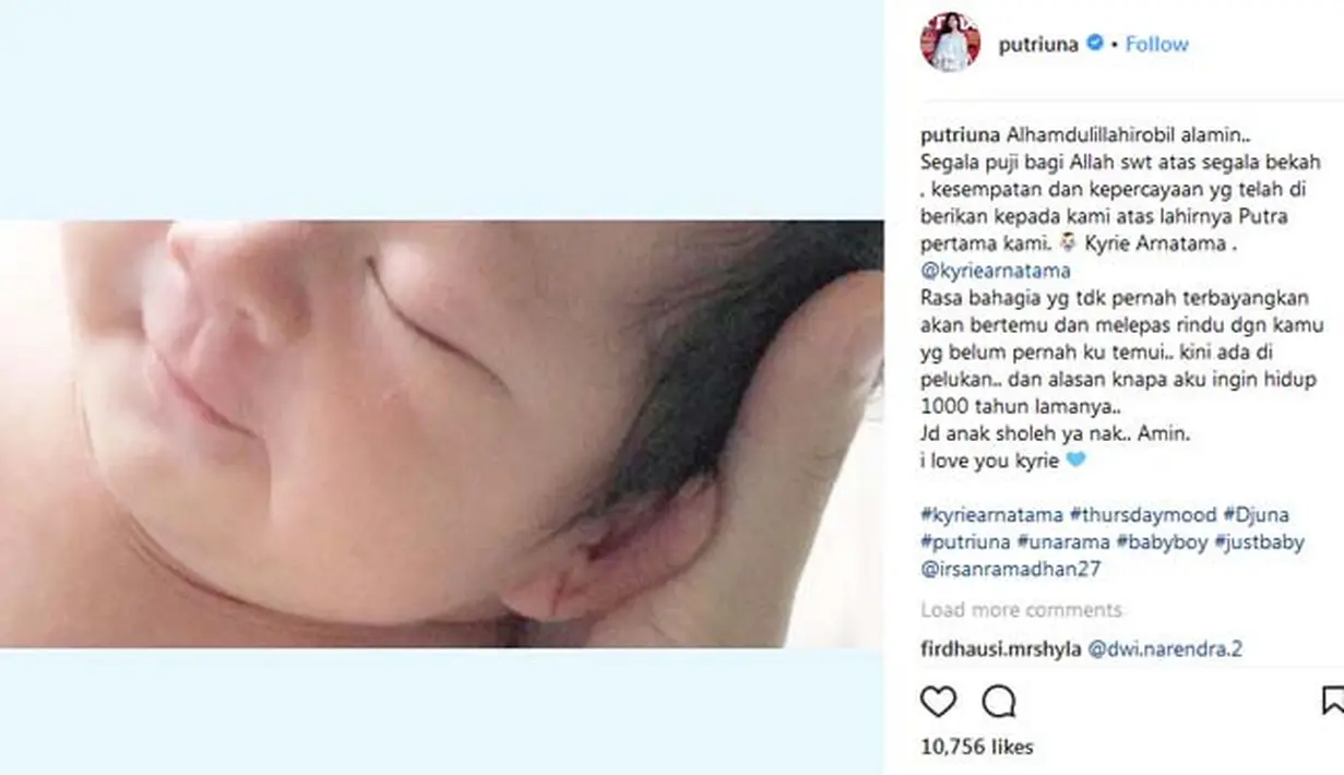“Segala puji bagi Allah swt atas segala bekah , kesempatan dan kepercayaan yg telah di berikan kepada kami atas lahirnya Putra pertama kami. 👶🏻 Kyrie Arnatama . @kyriearnatama,” tulis DJ Una. (Instagram/putriuna)