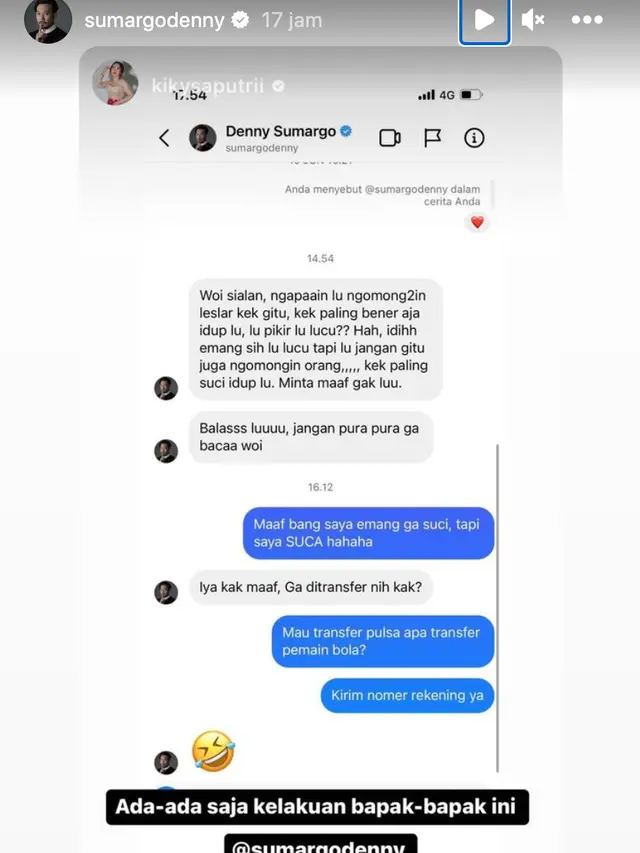 Unggahan Kiky Saputri kala menerima pesan langsung Denny Sumargo. (Foto: Dok. Instagram @kikysaputrii)