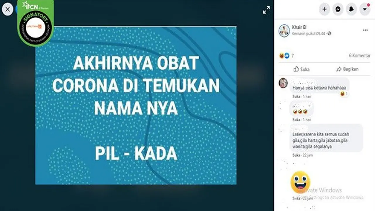 Gambar Tangkapan Layar Kabar Hoaks tentang Obat Corona