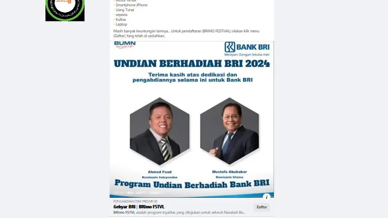 Tangkapan layar klaim program undian berhadiah BRImo FSTVL dari BRI