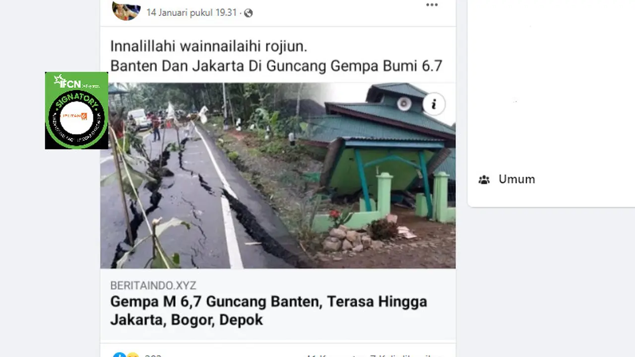 Cek Fakta Liputan6.com mendapati klaim foto kerusakan dampak gempa Banten 14 Januari 2022