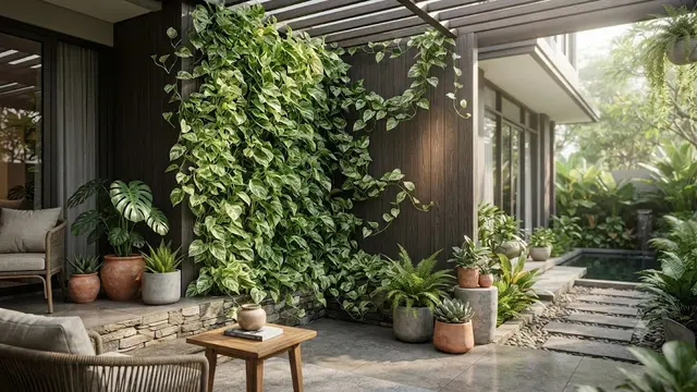 Kombinasi Sirih Gading dan Panel Kayu WPC untuk Teras Rumah