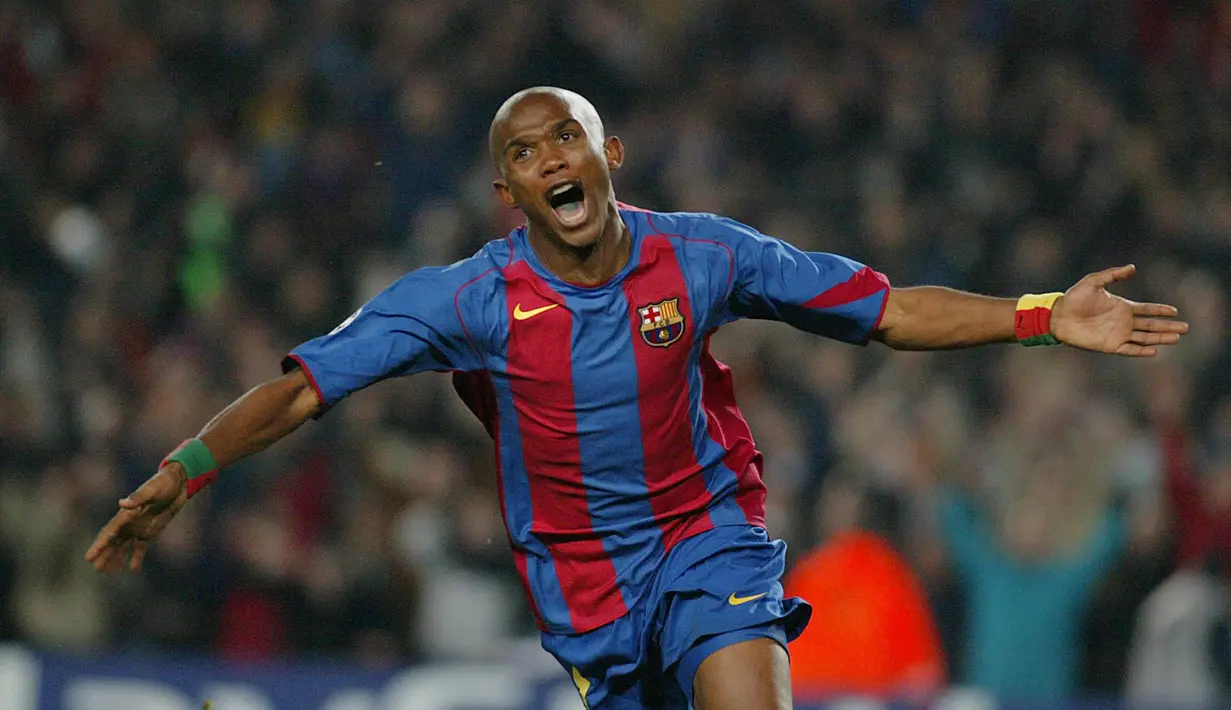 Total 108 gol berhasil dilesatkan Eto’o dan 144 penampilan. Alhasil tiga gelar LaLiga berhasil diraih pada tahun 2005, 2006 dan 2009. (AFP/Jeime Reina)