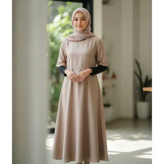 9 Model Gamis Linen Simple Warna Nude, Pilihan Busana Muslimah Modern
