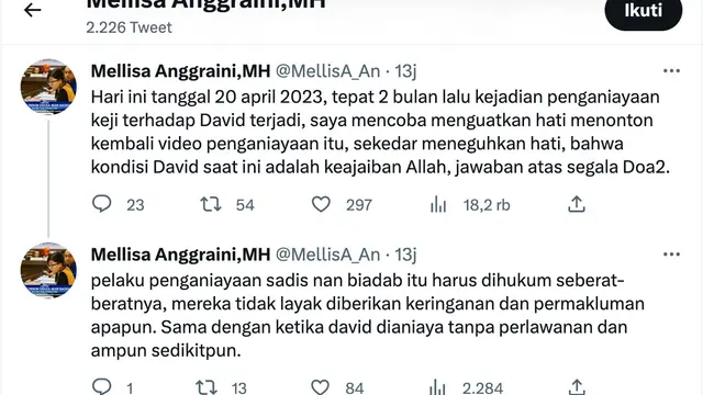 Cuitan Mellisa Anggraini pengacara David Ozora. (Foto: Dok. Twitter @MellisA_An)