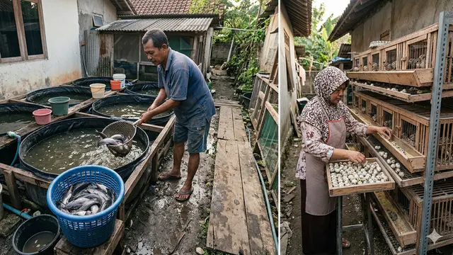 Perbandingan Ternak Lele vs Puyuh di Lahan Sempit (Foto: Gemini AI)