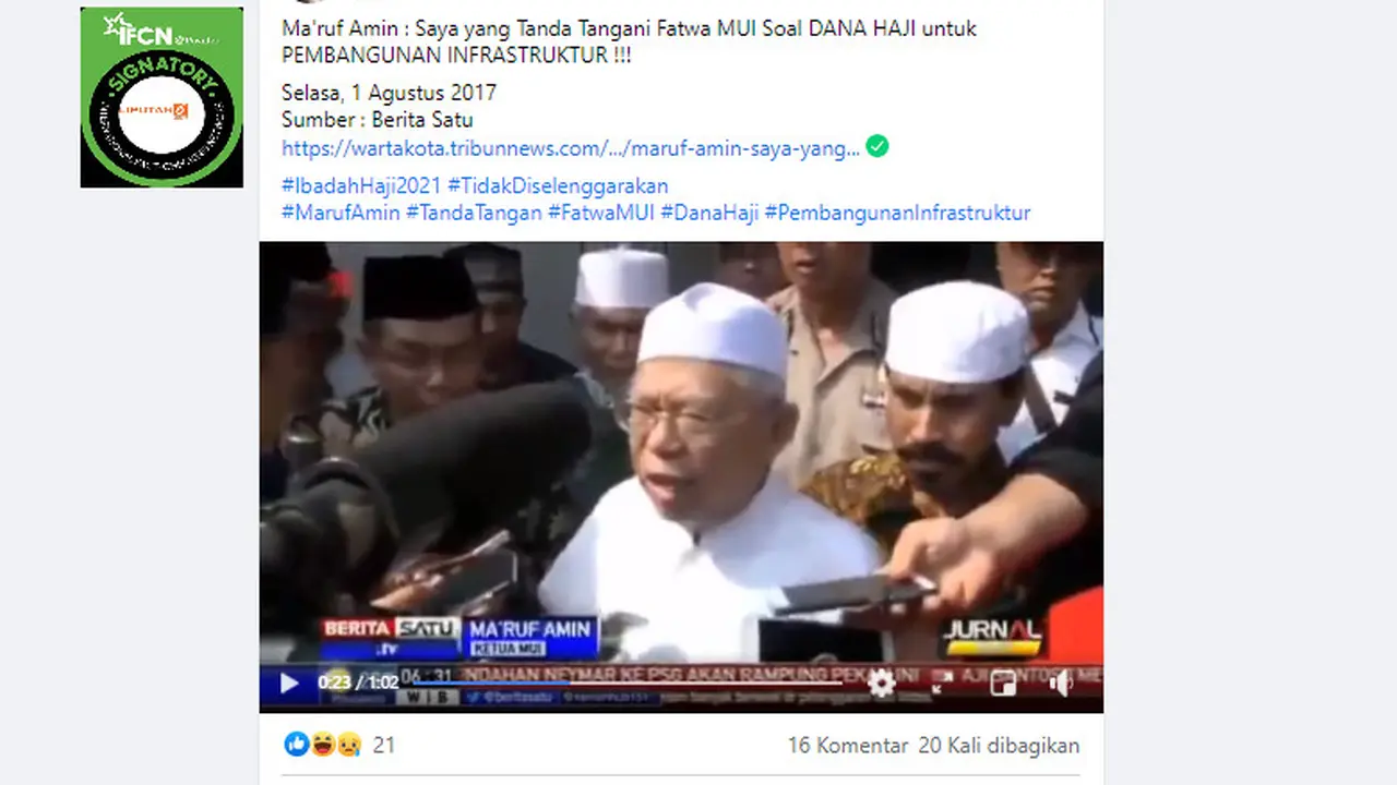 Tangkapan layar klaim pernyataan Ma'ruf Amin pemerintah tak sengaja pakai dana haji jadi tak dosa
