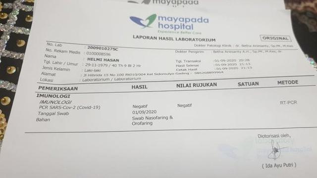 Hasil Tes Swab Wali Kota Bengkulu Helmi Hasan Dinyatakan Negatif Covid-19