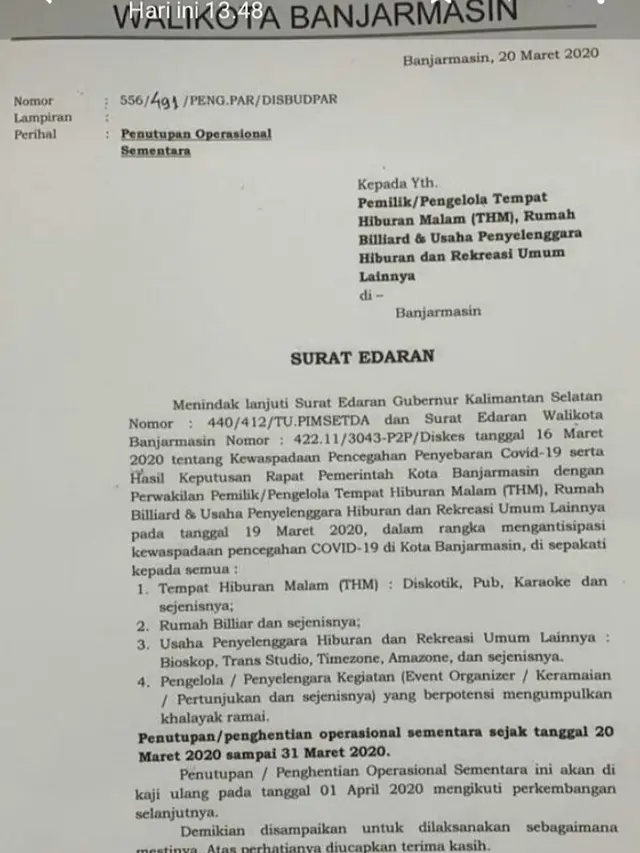 Foto surat edaran Wali Kota Banjarmasin Kalimantan Selatan. (Foto: Twitter @iki_efriandi)