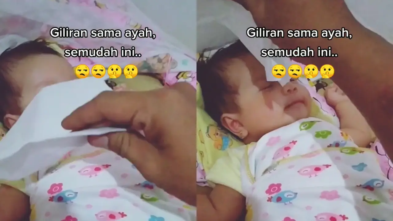 Video viral cara simpel seorang ayah menidurkan bayinya pakai tisu wajah.