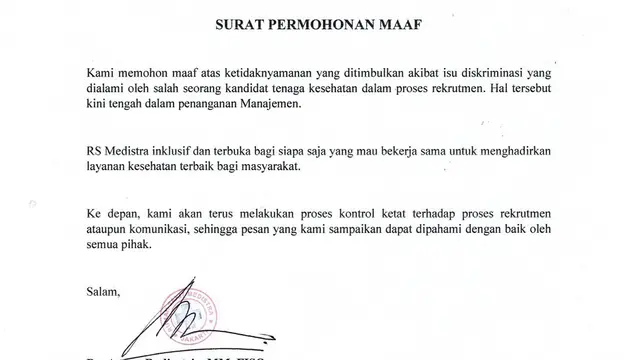 Rumah Sakit Medistra Minta Maaf Usai Viral Gegara Tanya Kesediaan Calon Pegawai untuk Lepas Hijab