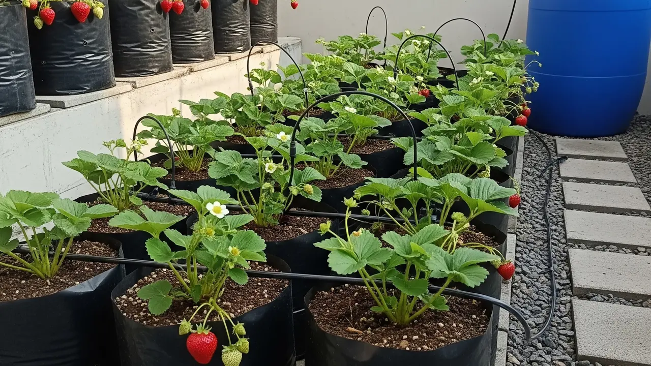 Kebun Buah di Polybag dengan Sistem Irigasi Sederhana untuk Lahan Terbatas (Image by Gemini AI)