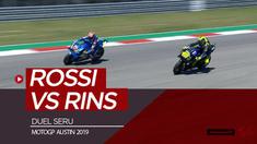 Berita video momen duel antara Valentino Rossi dengan Alex Rins yang berlangsung seru di balapan MotoGP Austin 2019, Minggu (14/4/2019).