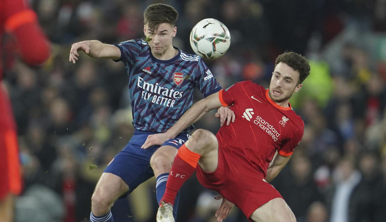 Tampil tanpa dua bintangnya, Mohamed Salah dan Sadio Mane yang sedang berlaga di Piala Afrika 2021, Liverpool mengandalkan Diogo Jota, Takumi Minamino dan Roberto Firmino di lini depan. (AP/Jon Super)