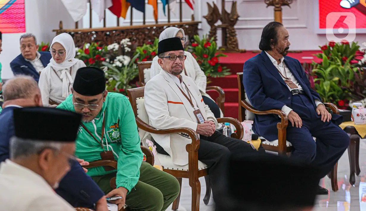 Mereka antara lain Ketua Umum Partai NasDem Surya Paloh, Presiden PKS Ahmad Syaikhu, dan sejumlah jajaran partai PKB. (Liputan6.com/Faizal Fanani)