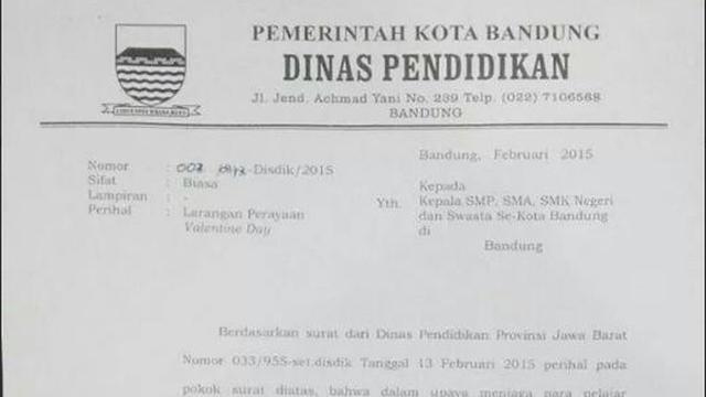 Disdik Bandung Edarkan Surat Larang Siswa Rayakan Hari