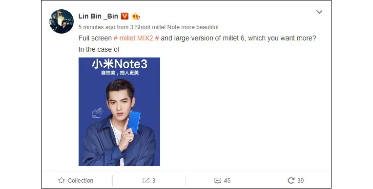 	Unggahan Presiden Xiaomi Lin Bin tentang Mi Note 3 yang dikabarkan melenggang bersama Mi MIX 2 (Sumber: Gizmochina)