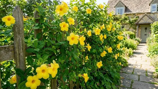 Ilustrasi Alamanda (Allamanda cathartica) Tanaman Berbunga Lebat untuk Penutup Pagar/Gemini AI