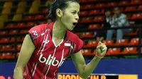 Tunggal putri Indonesia, Dinar Dyah Ayustine, mengepalkan tangan untuk merayakan kemenangan atas Rusydina Antardayu Riodingin pada babak pertama Thailand Masters 2016 di Bangkok, Thailand, Selasa (9/2/2016). (PBSI)