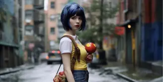 Snow White tampil dengan rambut pendek berwarna biru. Gayanya terlihat lebih modern dan kasual, meninggalkan baju ala princess.  [Foto: twitter.com/the_aeye]