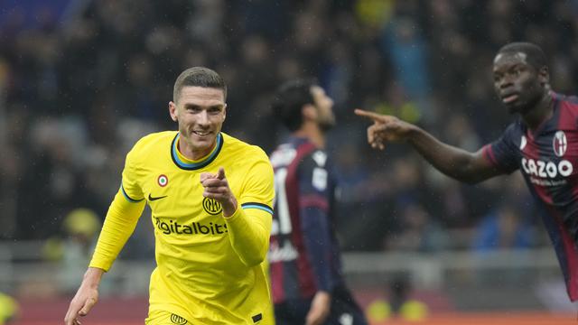 Selebrasi pemain Inter Milan saat melawan Bologna di Liga Italia 2022/2023