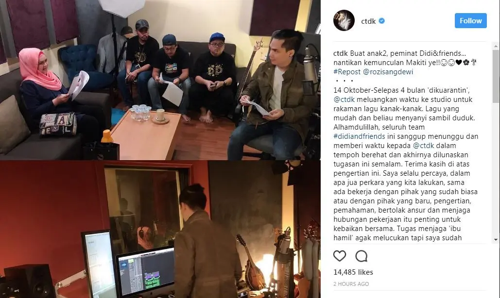 Hamil muda, tak halangi Siti Nurhaliza untuk tetap rekaman (Foto: Instagram)