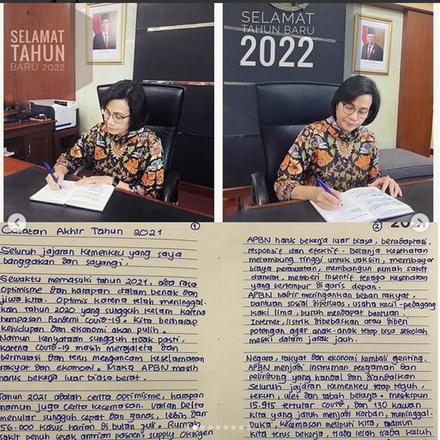 unggahan instagram Menteri Keuangan Sri Mulyani di awal tahun 2022.
