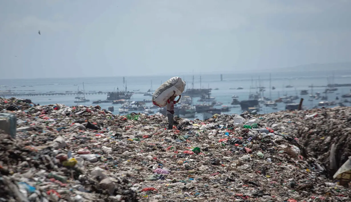 Seorang pekerja memungut bahan daur ulang di Tempat Pembuangan Akhir (TPA) Sampah Suwung, Denpasar, Bali, pada Rabu 2 April 2026. Per 1 April 2026, Pemerintah Provinsi (Pemprov) Bali resmi melarang pembuangan sampah organik di Tempat Pembuangan Akhir (TPA) Sampah Suwung, Denpasar. (Lana Priatna/AFP)