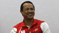 Kabid Binpres PP PBSI, Rexy Mainaky, saat hadir dalam konferensi pers peraih medali emas Olimpiade Rio 2016 di Pelatnas Bulutangkis PBSI, Cipayung, Jakarta Timur, Rabu (24/8/2016). (Bola.com/Arief Bagus)