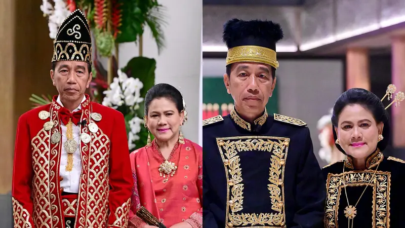 Presiden Joko Widodo (Jokowi) mengenakan dua macam pakaian adat dari dua provinsi berbeda saat HUT ke-79 RI di Istana Negara Ibu Kota Nusantara (IKN), Kalimantan Timur (Kaltim).