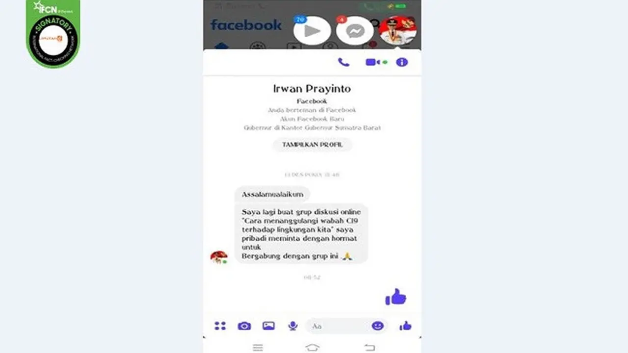 Gambar Tangkapan Layar Akun Facebook Mencatut Gubernur Sumatera Barat Irwan Prayitno (sumber: Facebook)