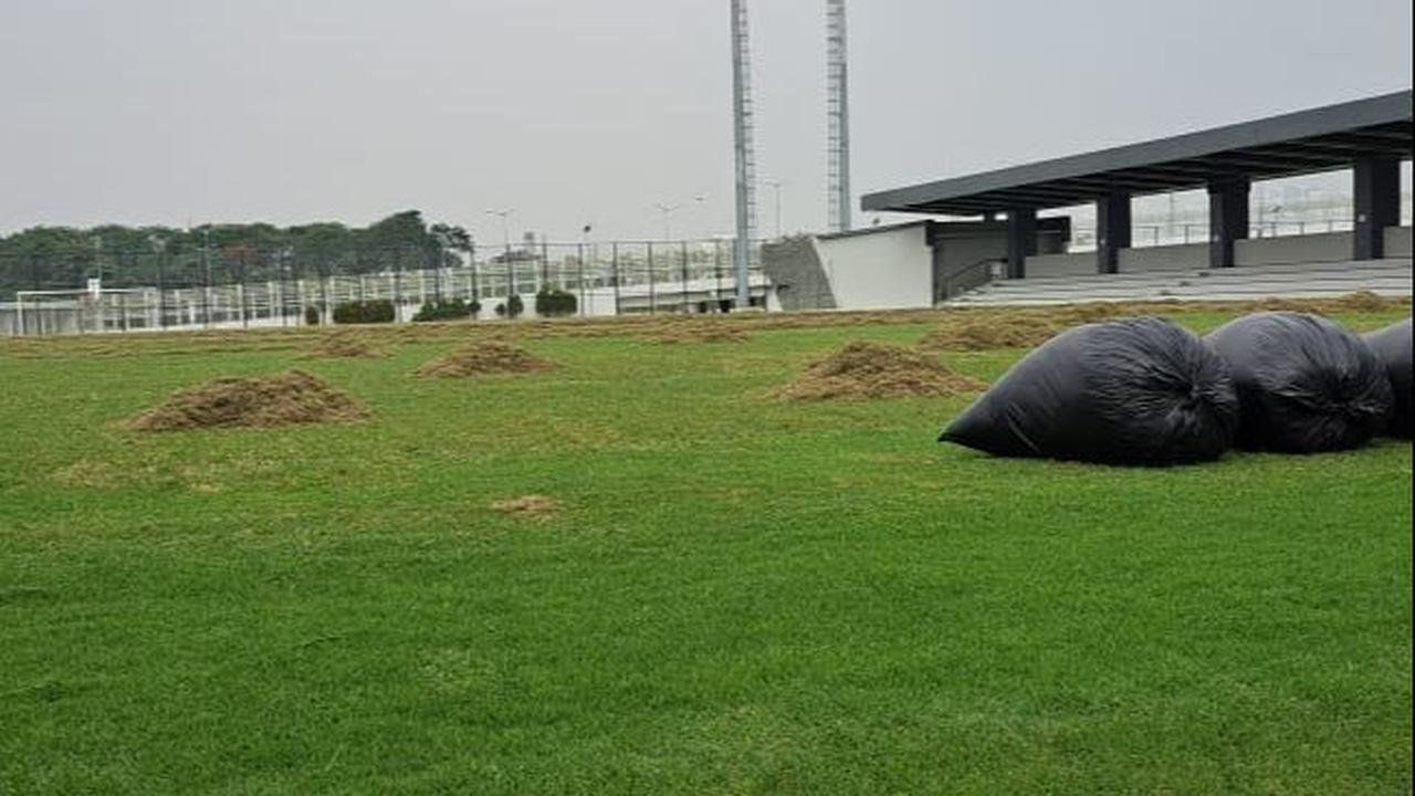 Meski demikian, rumput lapangan latih yang berada di sisi timur JIS sedang diganti. Terdapat tumpukan rumput yang menggunung kecil-kecil di dalam lapangan dan plastik sampah besar berwarna hitam yang berisi rumput.