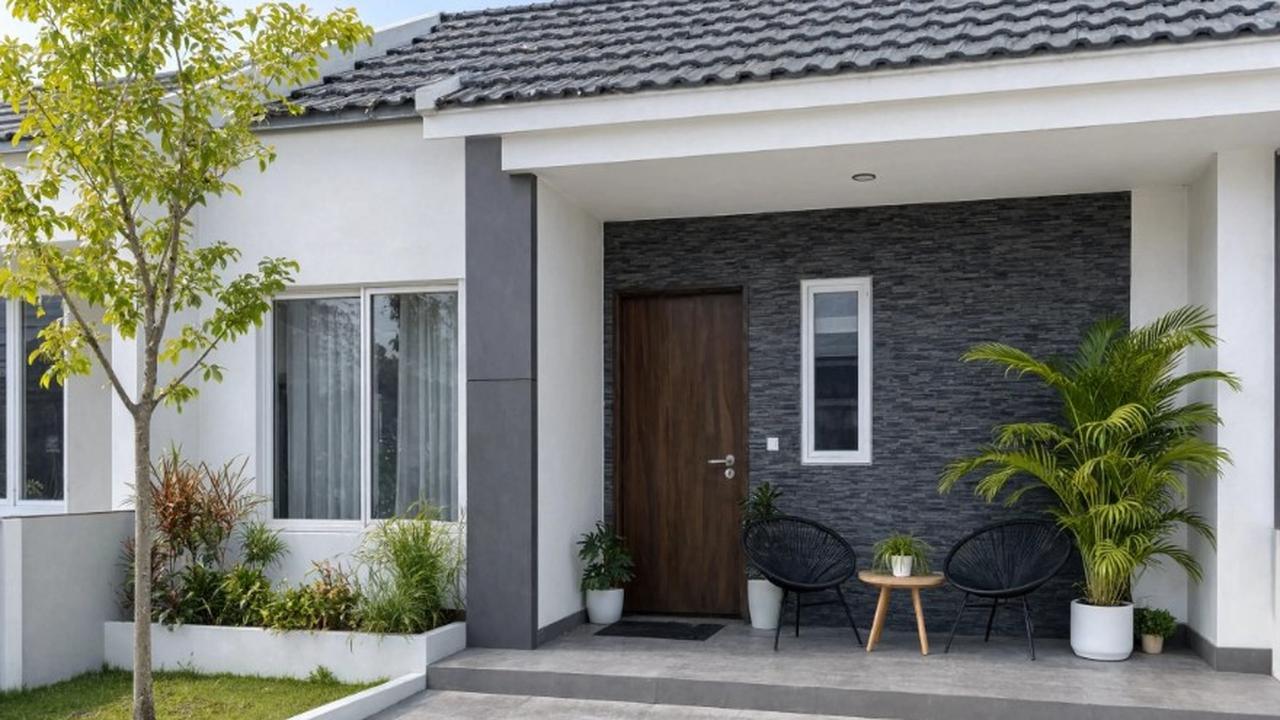Inspirasi Teras Rumah Subsidi dengan Batu Alam dan Palem Kuning (AI Generated)