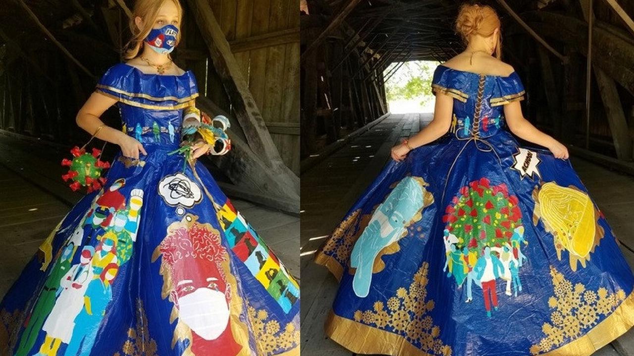 gadis buat gaun bertema corona dari lakban