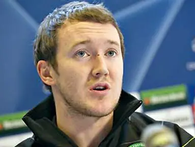 Winger Celtic Glasgow Aiden McGeady di sesi konferensi pers di Aalborg, Denmark, 24 November 2008, jelang laga Liga Champions melawan Aalborg. AFP PHOTO SCANPIX DENMARK - Henning Bagger 