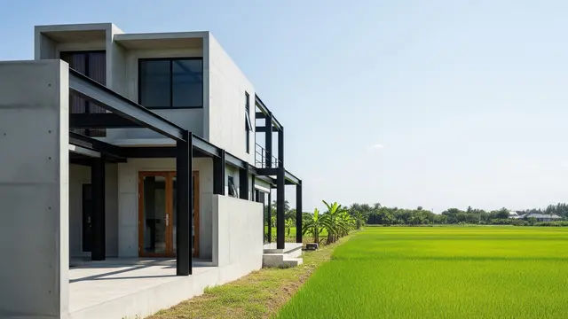 Model Rumah Minimalis di Desa Cocok untuk Daerah Sawah (AI)