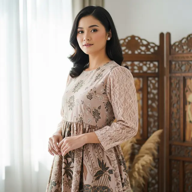Tunik Batik Lengan Puff Warna Nude Detail Renda Brokat (AI)