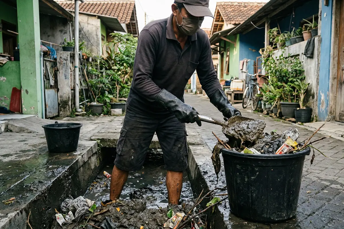Cara Membersihkan Selokan Rumah (Foto: Gemini AI)