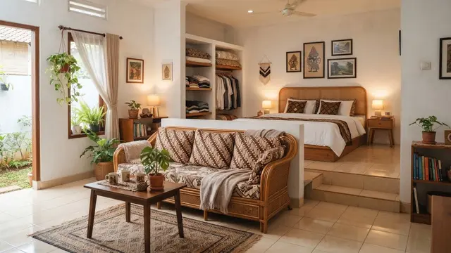 Ide menata ruang tamu yang menyatu dengan kamar tidur di rumah petak model atur sofa membelakangi area tidur