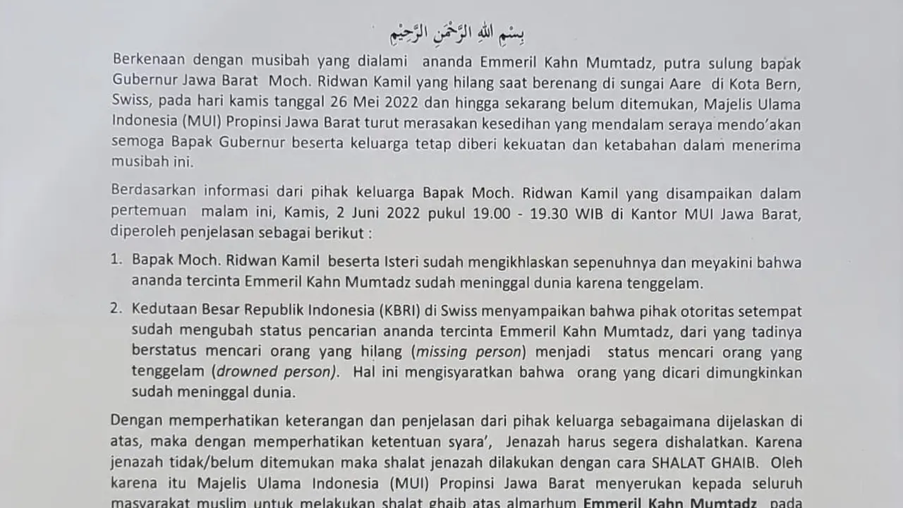 Surat dari MUI Jawa Barat terkait Eril anak Ridwan Kamil yang hilang di Swiss. (Foto: Dok. Twitter @malarea)